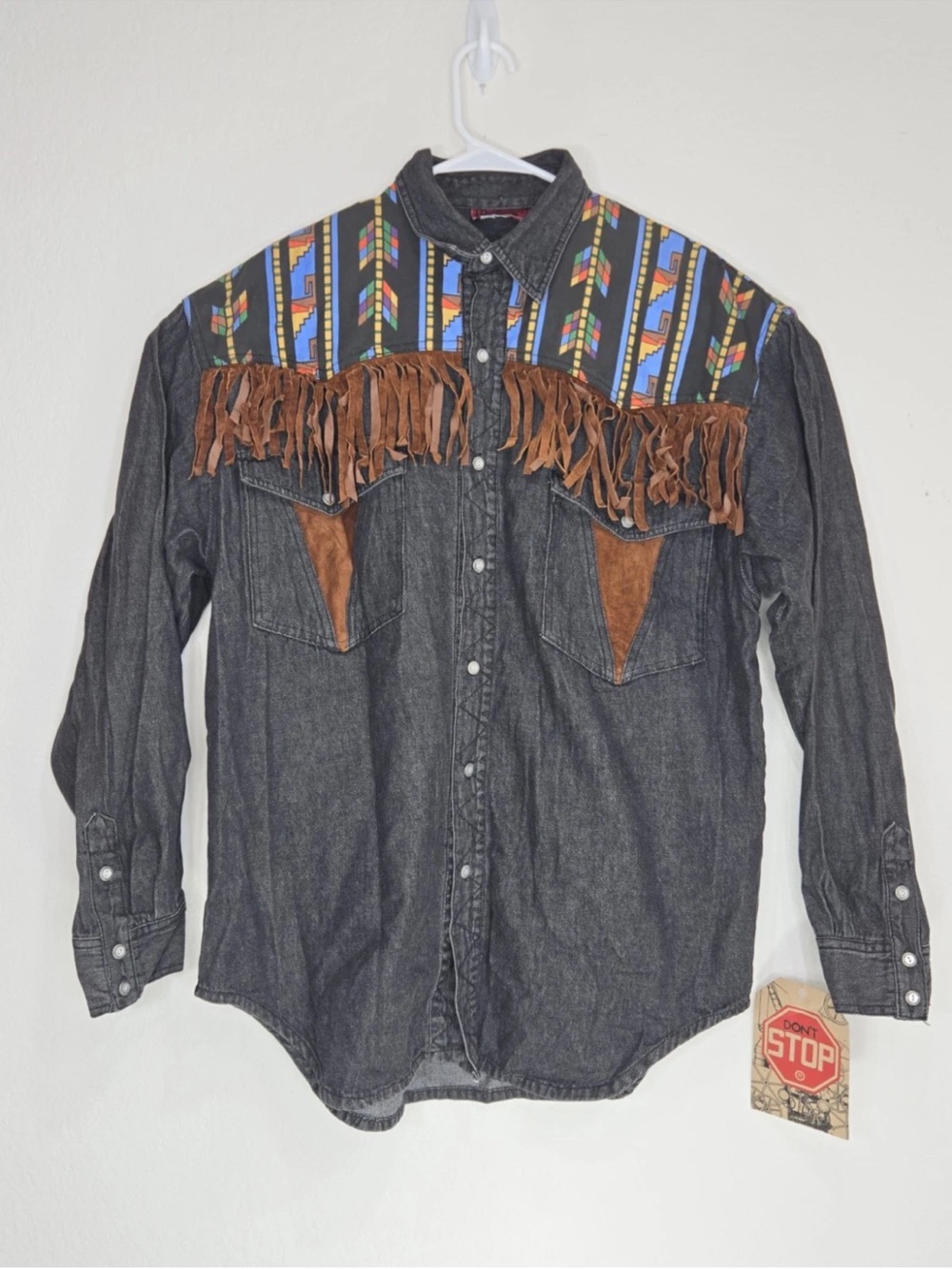VTG 80’s-90’s Don't Stop Denim Leather Trim Button Down Western Shirt Mens NEW